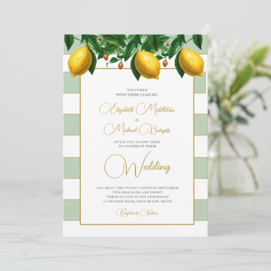 レモンボタニカルセージグリーンホワイトストライプ結婚ズ 招待状 (スタンド正面)