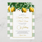 レモンボタニカルセージグリーンホワイトストライプ結婚ズ 招待状 (正面/裏面)