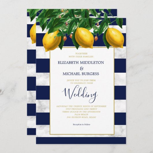 レモンボタニカルネイビーホワイトストライプマーブル結婚ズ 招待状 (正面/裏面)