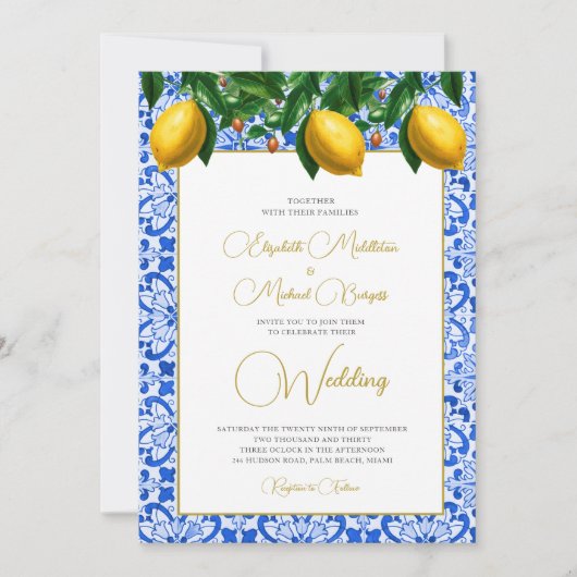 レモンボタニカルブルーイタリアンタイル結婚ズ 招待状 (正面)