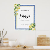 レモンボタニカルブルータイルブライダルシャワーウェルカム ポスター (キッチン)