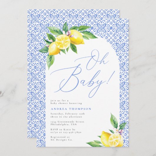 レモンポジタイタリアンーノブルータイルOhベビーシャワー 招待状 (正面/裏面)