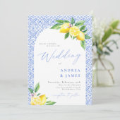 レモンポジタイタリアンーノブルー結婚タイル 招待状 (スタンド正面)