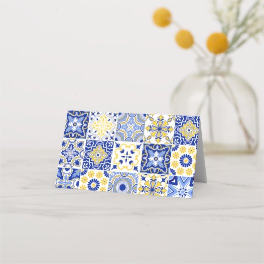 レモンポジターノブルー地中海のタイル結婚ズ プレイスカード (裏面)