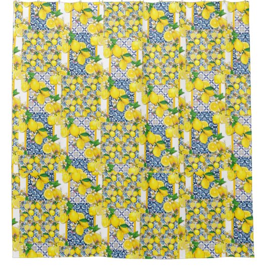 レモンポルトガル語アズレジョ地中海のサントリーニ シャワーカーテン (正面)