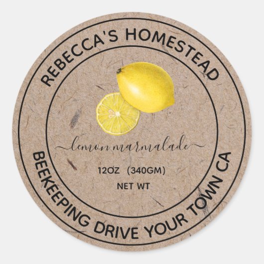 レモンマーマレイドクラフト紙キャニングジャールラベル ラウンドシール (正面)