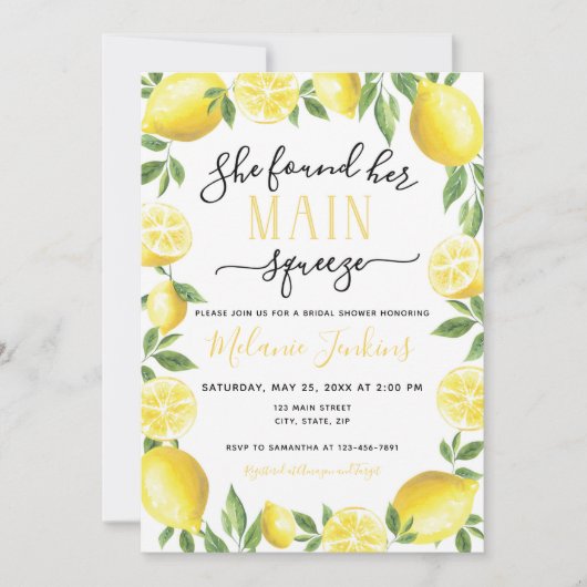 レモンメインスクイーズ結婚ブライダルシャワーの予算 招待状 (正面)