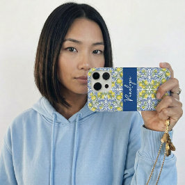 レモンメディタラニアンブルーホワイトタイル柄 iPhone 15 PROケース