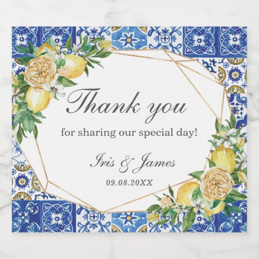 レモンメディテラネアンブルーモザイク結婚タイル スパークリングワインラベル (シングルラベル)