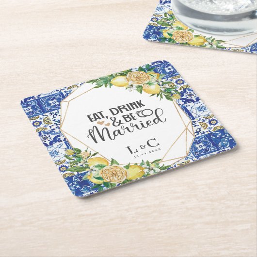 レモンメディテラネアンモザイク結婚タイルのリハーサル スクエアペーパーコースター (アングル)