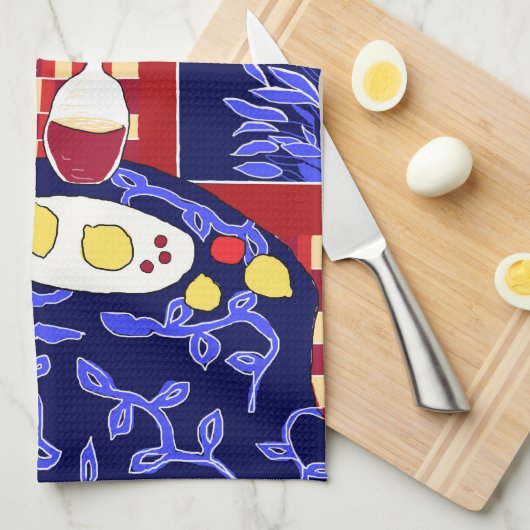 レモンモダンとワインを使ったアート・スティルライフ キッチンタオル (四つ折り)