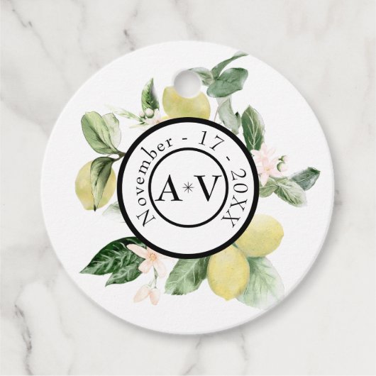 レモンモノグラムホワイト結婚ズブライダルシャワー フェイバータグ (正面)