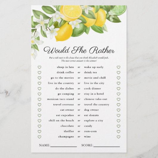 レモンライムグリーンブライダルシャワーゲーム (正面)