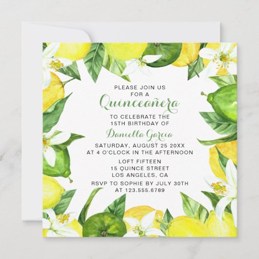 レモンライムシトラスブロッサムウォーターカラーキンセアニラ 招待状 (正面)