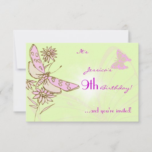 レモンライムピンクバタフライ誕生日RSVP招待状 招待状 (正面)