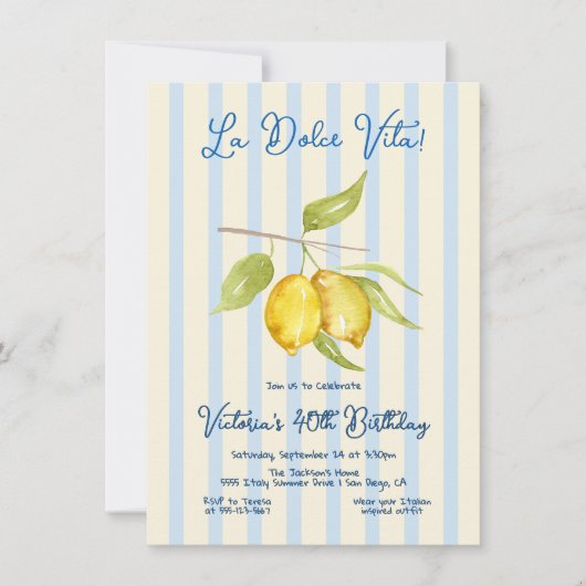 レモンラドルチェヴィータ誕生日 ストライプの 招待状 (正面)