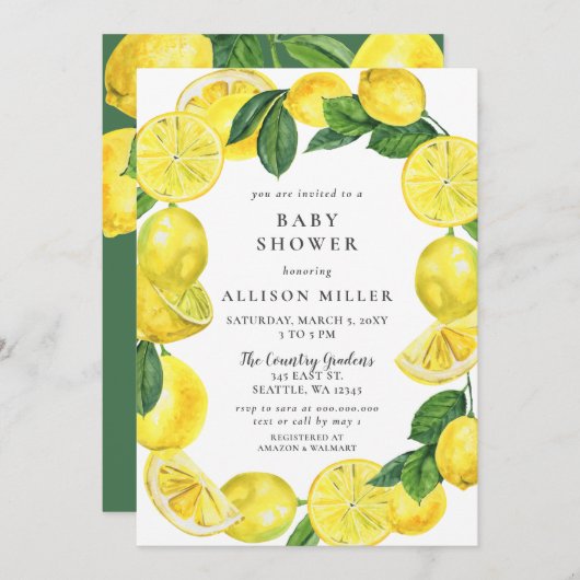 レモンリース男女兼用ベビーシャワー 招待状 (正面/裏面)