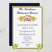 レモンレッドカニ煮沸招待状ホワイトネイビーイエロー 招待状 (正面/裏面)