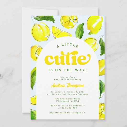 レモンレトロリトルかわいこちゃんイエローアーチベイビーシャワー 招待状 (正面)