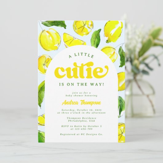 レモンレトロリトルかわいこちゃんイエローアーチベイビーシャワー 招待状 (スタンド正面)