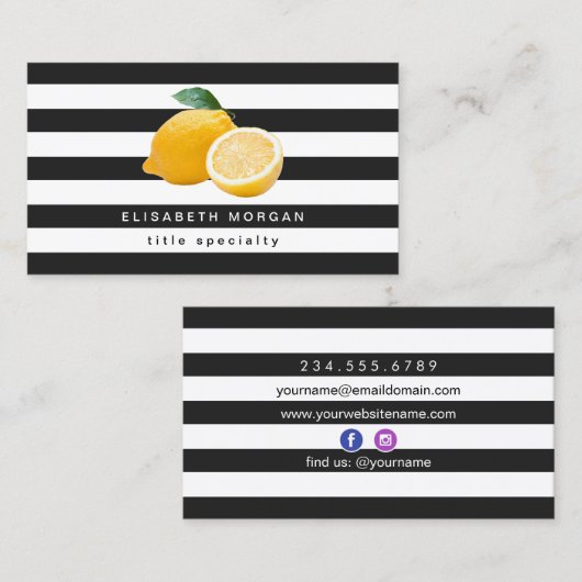 レモンロゴ白黒ストライプソーシャルメディアアイコン 名刺 (正面/裏面)