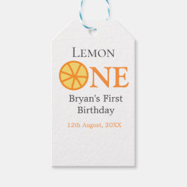 レモンワンハッピー1stバースデーオレンジグレーレトロボー ギフトタグ