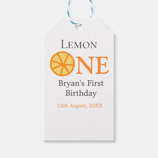 レモンワンハッピー1stバースデーオレンジグレーレトロボー ギフトタグ (正面)