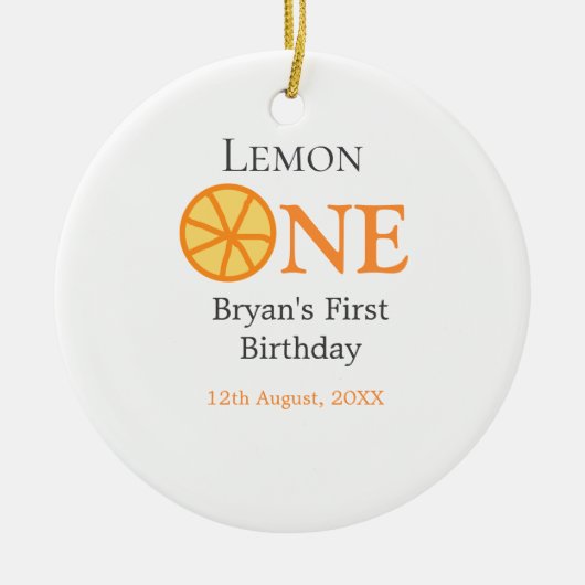 レモンワンハッピー1stバースデーオレンジグレーレトロボー セラミックオーナメント (正面)