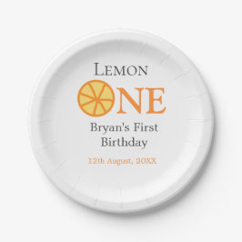 レモンワンハッピー1stバースデーオレンジグレーレトロボー ペーパープレート