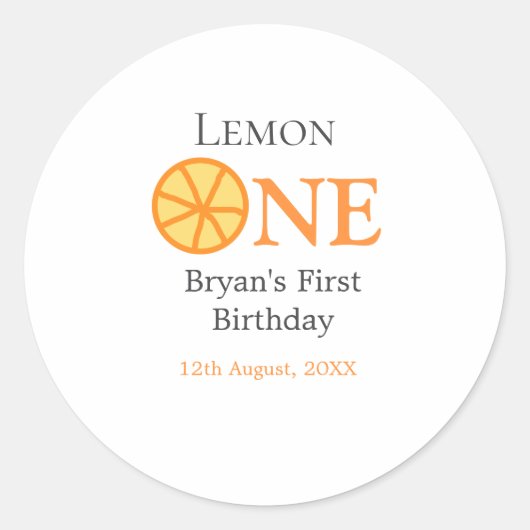 レモンワンハッピー1stバースデーオレンジグレーレトロボー ラウンドシール (正面)