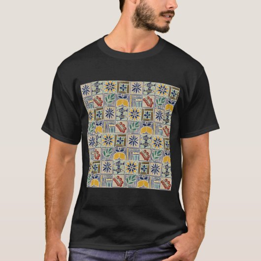 レモン付きの地中海タイルパターンのミディアムスケール Tシャツ (正面)