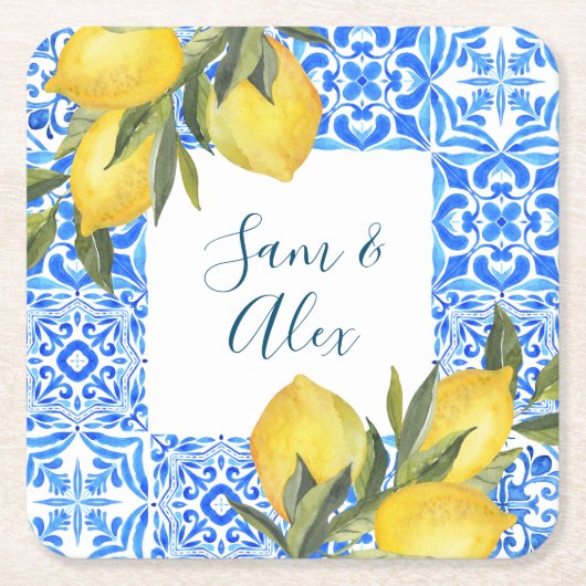 レモン入りトスカーナのタイル水彩 スクエアペーパーコースター (正面)