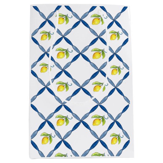 レモン入り青と白のタイル ミディアムペーパーバッグ (正面)
