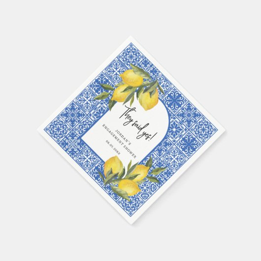 レモン地中海のとタイル彼らはYesシャワーを言った スタンダードカクテルナプキン (角)