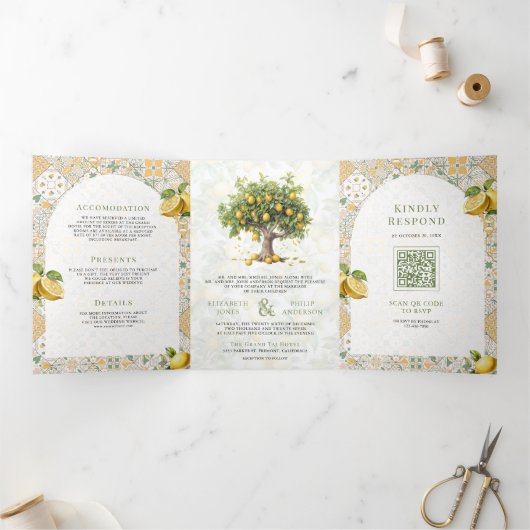 レモン地中海のの木を自分の家に並べ結婚る 三つ折り招待状 (内部)