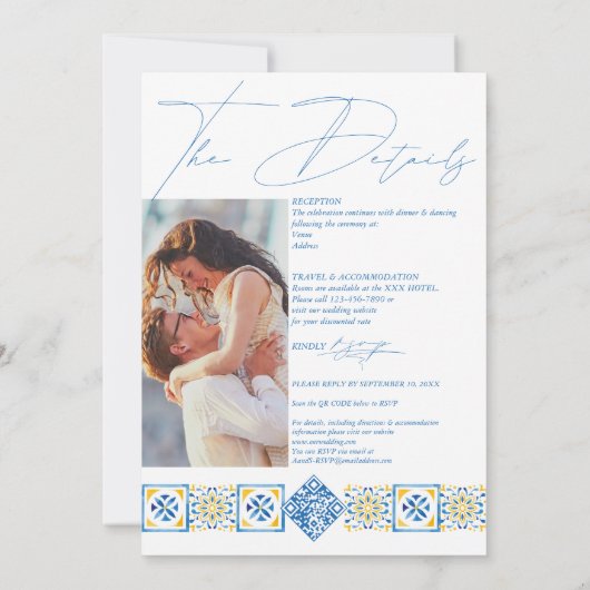 レモン地中海のを入れた青いタイル結婚類 招待状 (裏面)