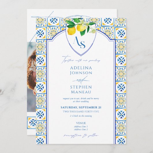 レモン地中海のを入れた青いタイル結婚類 招待状 (正面/裏面)