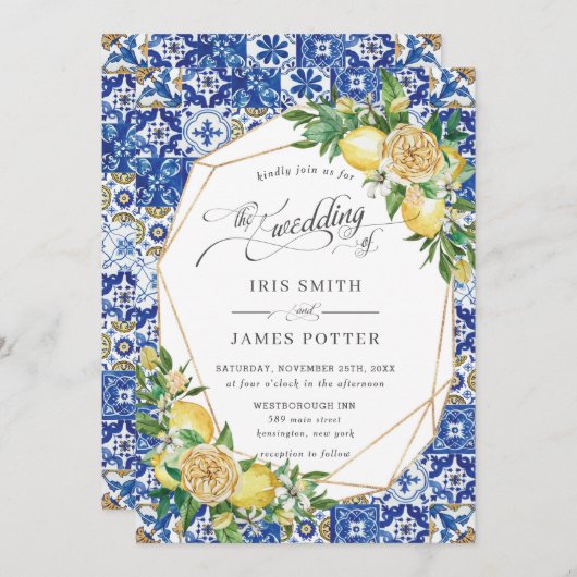 レモン地中海のグリーンリー結婚幾何学模様 招待状 (正面/裏面)