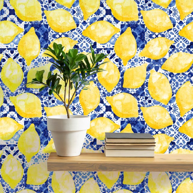 レモン地中海のタイル青黄水色 壁紙 (Mediterranean blue and white tiles with yello citrus lemons pattern art peel and stick wallpaper )