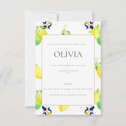 レモン地中海のブライダルシャワーカード 招待状 (裏面)