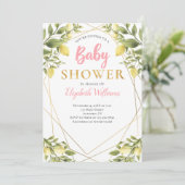 レモン幾何学フレーム ピンク ガール ベビーシャワー 招待状 (スタンド正面)