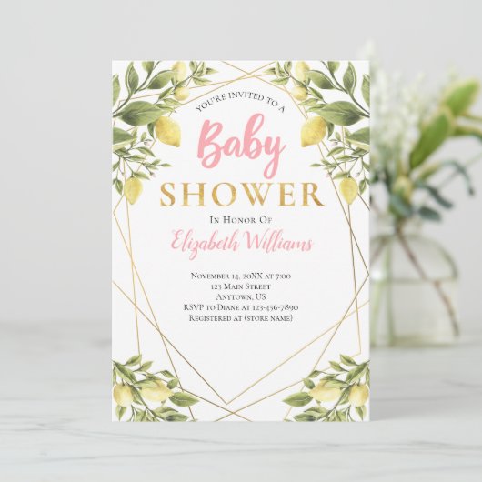 レモン幾何学模様フレームピンクの女の子ベビーシャワー 招待状 (スタンド正面)