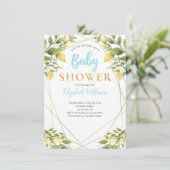 レモン幾何学的フレームブルーボーイベビーシャワー 招待状 (スタンド正面)