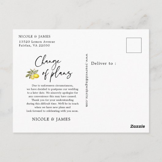 レモン延期された日付の結婚変更 ポストカード (裏面)
