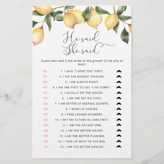 レモン彼は彼女がブライダルシャワーゲームを言った (正面)