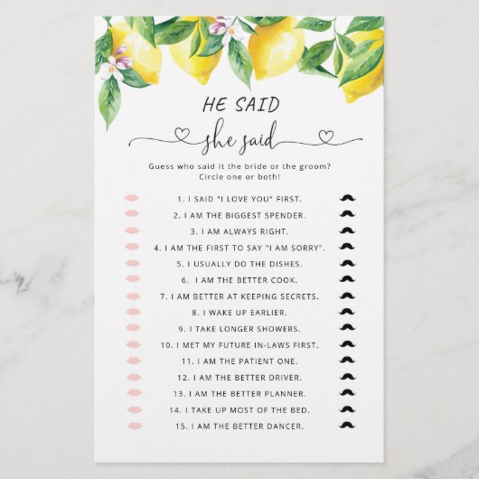 レモン彼は彼女はブライダルシャワーゲームを言った (正面)