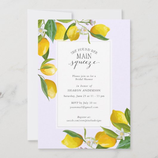 レモン彼女は彼女のメイン絞りブライダルシャワーを見つけた 招待状 (正面)
