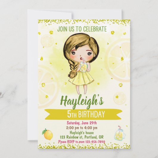 レモン招待シトラス誕生日レモネードパーティー 招待状 (正面)