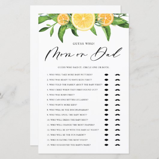 レモン推測ママまたはパパ赤ちゃんシャワーのゲーム (正面/裏面)