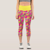 レモン果柄の黄色いピンクグリーン カプリレギンス (正面)